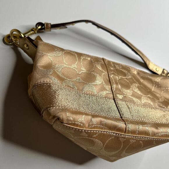 Coach Metallic Gold Signature Jacquard Small Hobo Shoulder Bag Red Lining F0969 - Picture 7 of 8